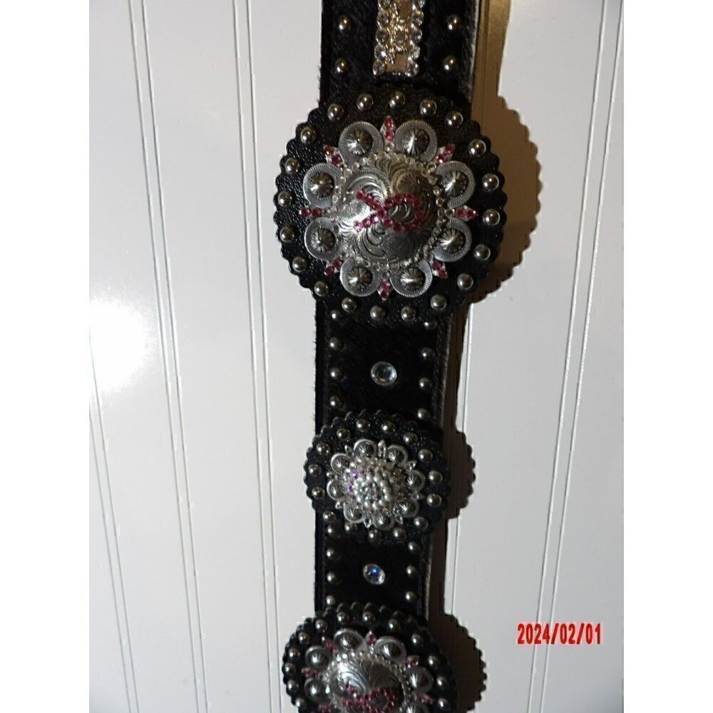 Western Beautiful Black and‎ Silver Leather Concho Belt Cancer Free Ribbon - Picture 5 of 15